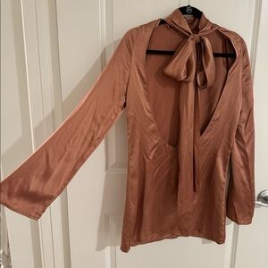 XS silky reformation dress, rose gold, backless, long bell sleeve